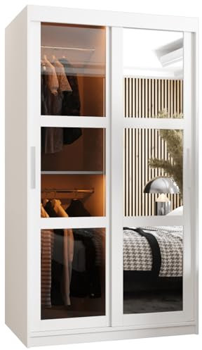 MEBLE KRYSPOL Dome 2 Schrank mit Zwei Schiebetüren mit Spiegel, Stangen und Regalen - Aufbewahrungsschrank mit Rauchglas für Schlafzimmer, Wohnzimmer - 200x100x62cm - Weiß, Weiß, Silber