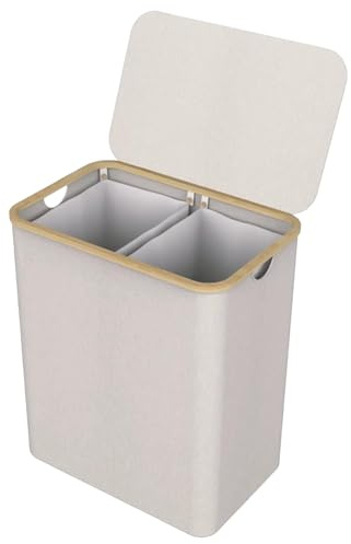 Cesto de Ropa Sucia de Bambú con Tapa y Asas - 1 o 2 Departamentos - Plegable, Bolsa Interior Lavable Máquina Solución Elegante y Práctica para la Lavandería cubo 150L (Tela 2 Departamento Blanco)