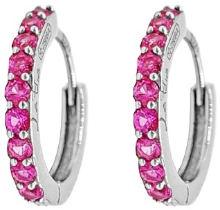 Hoops Collection - Par de pendientes de aro fucsia con brillantes de plata 925 rodiada, 9mm, Plata de ley, Circonia cúbica