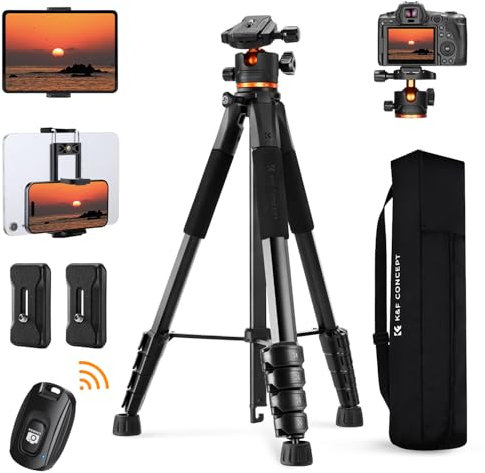 K&F CONCEPT 75 inch Camera Tripod, Lightweight Travel DSLR Tripods with 360 Degree Ball Head Load Capacity 8kg/17.6lbs, Phone Clip and Remote Control for Smartphone S255A3+BH-36