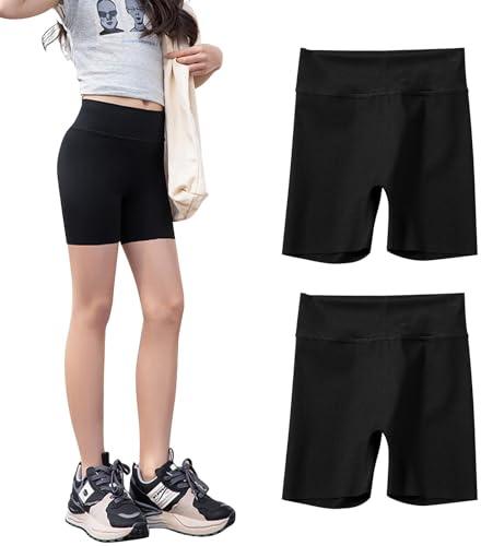 Runmeihe 2 Pack School Short Leggings for Girls Age 5-14 High Waisted Mini Pants Anti Chafing Stretchy Cycle Shorts Breathable Under Dress Shorts (UK, Age, 5 Years, 6 Years, Regular, Black)