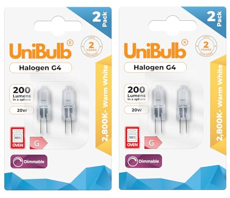 Unibulb G4 Halogen Capsule Light Bulb, 200 lumens, 20W, 2 Pin Base, 2800K (Warm White), 300℃ Heat Tolerant for Oven/Microwave, Dimmable, 2yr Lifespan (4)