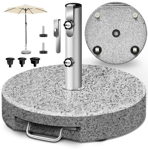 tillvex® Pied de Parasol Rond en Granit avec roulettes - 27 kg | avec Tube en Acier Inoxydable | Parasol Lestage Pieds Base pour pour Parasol déporté mâts de 16 à 48 mm et 250 cm de diamètre