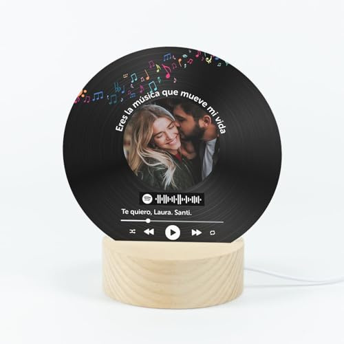 CALLE DEL REGALO Lámpara LED Personalizada Spotify, Base de Madera, Decoración Musical (Disco de Vinilo)