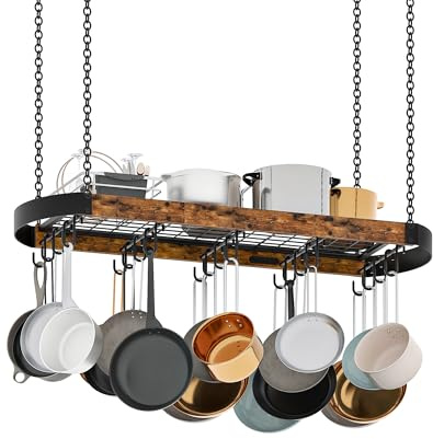 CHOEZON 39.4-Inch Hanging Pot Rack, Space-Saving Pot Hanger for Kitchen, Ceiling Pan Hanging Rack with 16 Detachable S Hooks, Sturdy Metal Frame, Industrial Style, Rustic Brown and Black TPR10BF