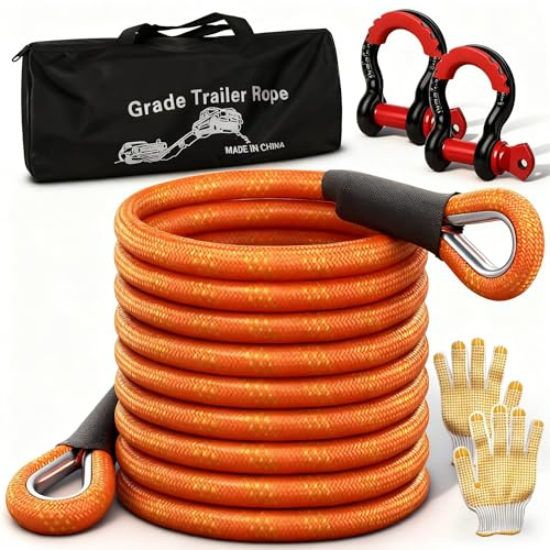 Kinetic Recovery Tow Rope Heavy Duty 7.3m2416t (37480lbs) with D-shackle heavy duty Tow Ropes for Anchoring for Cars Offroad Cars Trucks Boats Snowmobiles SUV