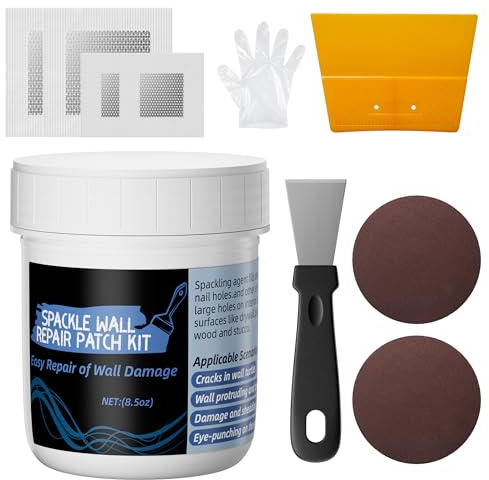 Oriflame Drywall Repair Kit: 8.5 Ounce Spackle Wall Repair with Patch/Scraper/Sandpaper/Gloves - White Wall Putty for Nail Holes/Cracks/Dents/Stains/Peeled Wall (1)