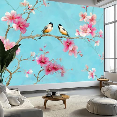 Acquerello Fiori Rosa Uccelli Carta da Parati In Tessuti non Tessuti 350 x 256 cm Murali, Azzurro Fotomurale Murale Soggiorno Camera da Letto Cameretta Dei Bambini Decorazione