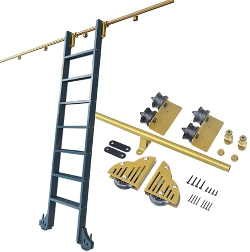 QYMYOZ Kit di ferramenta per Scale mobili per Biblioteca con Tubo Tondo, Sistema di Guide scorrevoli, binari per Scale mobili, ferramenta per Guide scorrevoli, Senza Scala - Or
