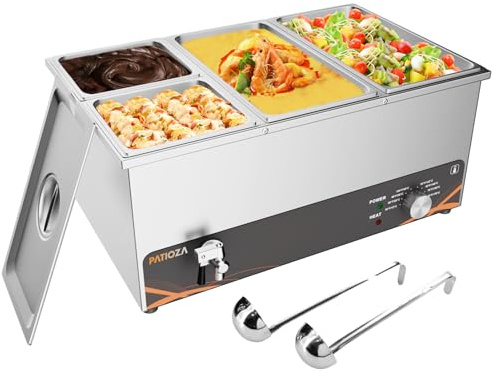 PATIOZA Commercial Bain Marie 4 Pan 1500W Stainless Steel Buffet Warmer | 30–85°C Adjustable Temp with Drain Tap and Soup Ladles,for Restaurant Catering Buffet Party Canteen