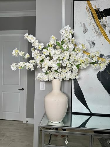 Jade White Cream Silk Cherry Blossom Flower Branches, 40 Tall Artificial Floral Stems, Set of 3 Pack Realistic White Silk Blossoms for Home, Wedding & Event Décor