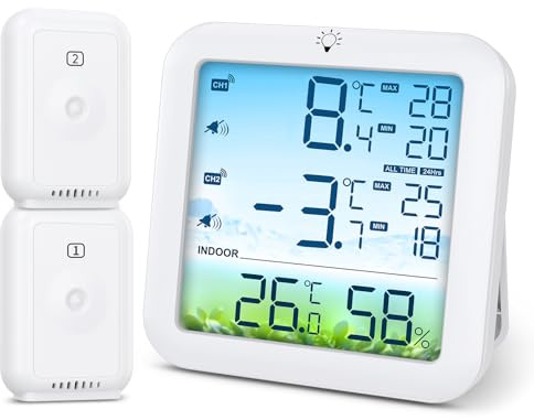 Ankilo Kabelloses Kühlschrank-Gefrierschrank-Thermometer mit 2 Sensoren, Alarm, Max/Min-Aufzeichnungen, 100 m Reichweite, USB/batteriebetriebenes digitales Thermometer für Küche, Zuhause, Restaurant