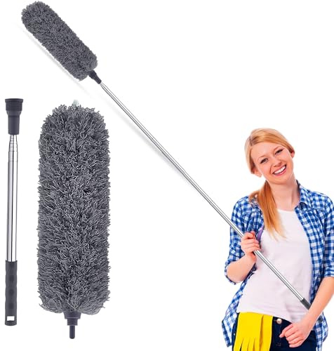 G4GADGET Extendable Microfiber Duster with Soft Silicone Cap, Long Telescopic Handle, Washable Bendable Feather Duster for Cleaning Ceiling Fans, Cobwebs, Blinds & High Reach Areas