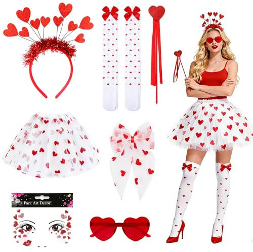 SGZIOO 7 Stück Amor Kostüm Damen, Amor Kostüm Accessoires mit Tüllrock, Herz Haarreif, Weiß Socken, Brille, Aufkleber, Romantische Cupid Costume für Karneval Valentinstag Cosplay