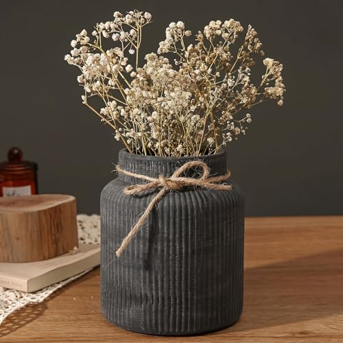 KRYSTHIA Schwarze Keramikvase, große dekorative Vase für Blumen, Bauernhaus-Terrakotta-Vasen für Heimdekoration, rustikale Vintage-Vasen für Wohnzimmer, Küche, Schlafzimmer, Büro, Couchtisch, 18 cm