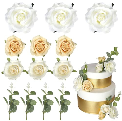 Xsstarmi Boho Flower Cake Decoration with Wihte Rose Eucalyptus Cake Pick for Wedding Birthday Valentine's Day Party DIY Cake Decorations Supplies