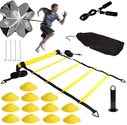 QOXEZY Speed-Trainingsleiter mit Fallschirm und Kegeln für Fußball, Fußball, Basketball, Agility-Übungen – 6 m PP-Material, tragbares Fitnessgeräte-Set