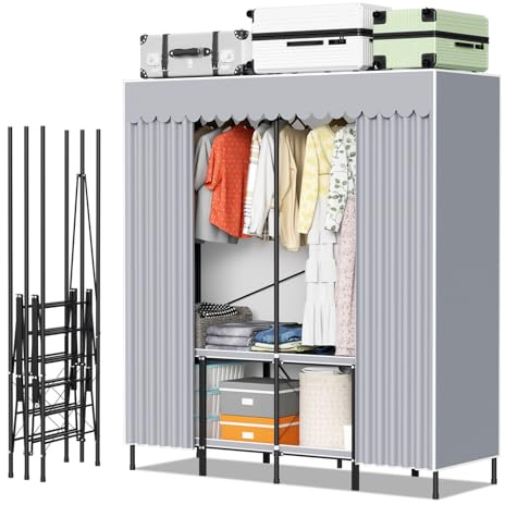 Hebitod Stabiler Stoffkleiderschrank 158×170×48 cm mit Stahlrohr-Gestell, Faltbare Konstruktion mit Verstärkung, Belastbarkeit bis 100 kg, Staub- und Sichtschutz, für kleine Wohnungen