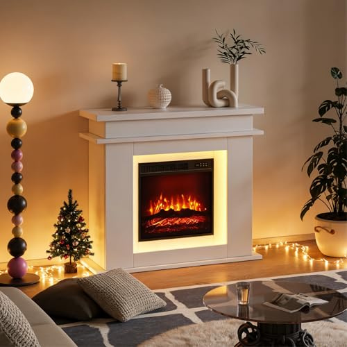 BRILVERDE Elektrokamin mit realistischem 3D-Flammeneffekt, LED-Holzofen mit Heizung & Fernbedienung, Farb-/Helligkeits-Einstellung, Für Wohnzimmer (Weiß)