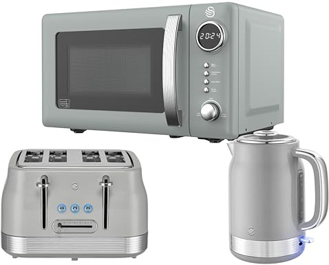 Swan Retro Revive Grey Kitchen Appliance Bundle – 1.7L Rapid Boil Kettle, 4 Slice Toaster & 800W 20L Digital Microwave, Retro Gloss Finish with Chrome Accents
