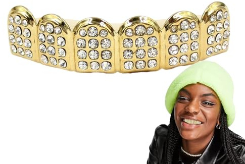 Goldene Hip Hop-Zahnkappen – Glänzende Strass-Steine und | Kupferbeschichtetes Zahngitter für Cosplay-Kostüme, Partys, Weihnachten und Musikveranstaltungen | Tragbarer Mundschmuck