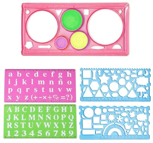 IBXWMNG 5 pezzi di Normografo, Stencil Lettere Alfabeto con Forme Geometriche e Righello Spirografo, Kit di Disegno in Plastica per Apprendimento e Lavoretti dei Bambini