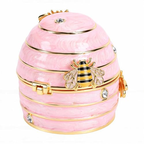 Yusat Honeycomb Emalj Prydnadslåda Bikupa Smyckeskrin Bikupa Minneslåda Vintage Pink Rhinestone Mini Förvaring med Gångjärnslock för Ringar Örhängen Dam (Roseate)