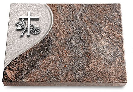 MEMORUM Grabmale Grabtafel, Grabplatte, Grabstein, Grabkissen, Urnengrabstein, Liegegrabstein Modell Folio 40 x 30 x 3-4 cm Paradiso-Granit, poliert inkl. Gravur (Aluminium-Ornament Kreuz 1)