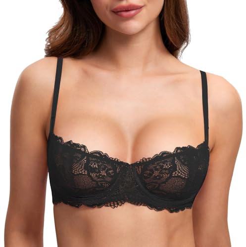 DOBREVA Women's Eyelash Lace Balconette Push Up Bra Black 34D