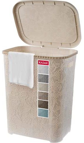 KADAX Wäschekorb, Wäschetruhe mit Deckel aus Kunststoff, Wäschesammler, Wäschesortierer für Bad, Kleidung, Spielzeug, Verzierungen, durchbrochenes Muster, 55l, leicht (creme)