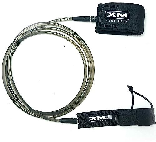 XM SURF MORE Premium Surfboard Leash, 5.5ft, Made in USA, Regular Cord Thickness (.270in), Key Pocket, Unbreakable Swivels, Detachable Railsaver, Smoke Leash, Black Strap, Kink-Free [3 Year Warranty]