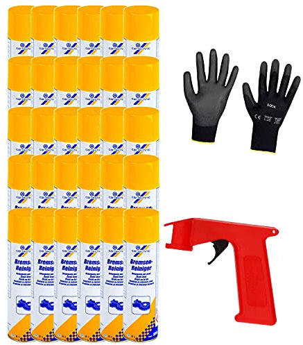 Iloda® Schutzhandschuhe + Sprüh-Pistolengriff (rot oder schwarz) + 30x 500ml cartechnic Bremsenreiniger Spray, Entfetter, Ölentferner, Fettentferner