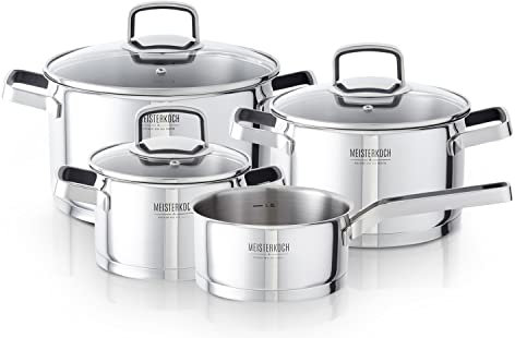 MEISTERKOCH Kochtopf Set komplett aus Edelstahl 4-teilig mit 16cm, 20cm, 24cm Ø Topf & 16cm Soßentopf mit Stiel, Glasdeckel mit Dampfloch, geeignet für Herdarten Induktion, Gas, Elektro & Glaskeramik