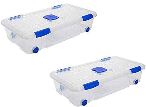Tradineur - Pack de 2 Cajas de almacenaje, de 17 x 73 x 41,5 cm, nº 11, con capacidad de 30 litros, con tapa y ruedas, para organización del hogar, baúl organizador (17 x 73 x 41,5 cm, Pack de 2)