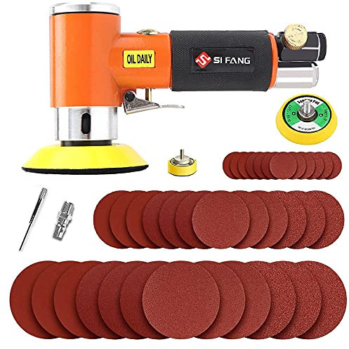SI FANG Mini Random Orbital Air Sander Kit, Air Sander Car Polisher with 45Pcs 1'' 2'' 3'' Sanding Discs Pads, High Speed Sanding Machine Air Grinder Tools for Fine Grinding & Polishing(Orange)