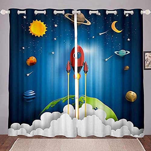 LKCD Tende Oscuranti Con Fori Per Soggiorno, Rocket Spazio Esterno Stelle Universo Pianeta 264X240Cm Tende Morbide Oscuranti E Insonorizzate Camera Da Letto, Cameretta Dei Bambini, Tema Stampa Digital