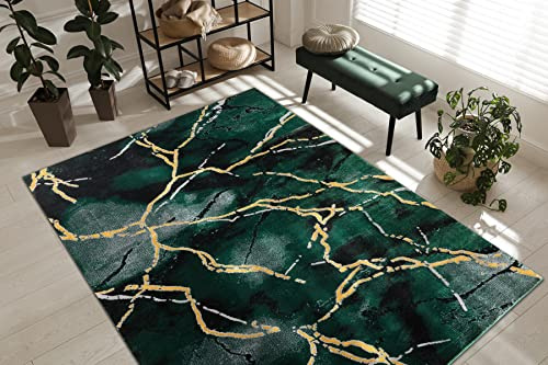 Rugsx Tapis Exclusif Emerald - Tapis Glamour, Élégant pour Salon, Chambre, Bureau, Dressing - Marbre Vert Bouteille/Or 80x150 cm