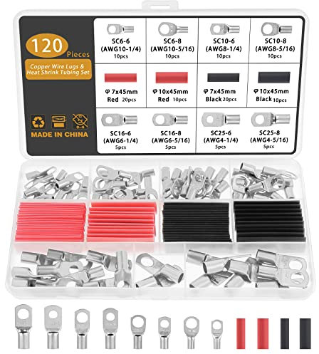 Gueenky 120 Pieces Copper Lugs Terminals Connectors 6/10/16/25mm² 8 Sizes M6 M8 Connector Cable Lugs Wire Battery Terminal Lugs Crimp Battery Cable Ends Ring Battery SC Terminals with Heat Shrink Tube