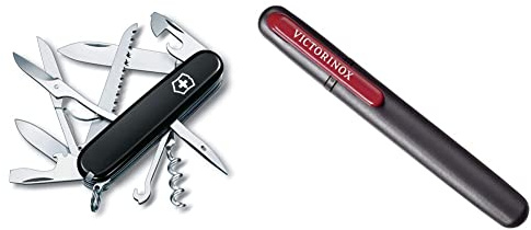 Victorinox, Taschenmesser, Huntsman, 91 mm, schwarz (15 Funktionen) & Dual Messerschärfer, Schärfen von geraden Klingen, für Grob- und Feinschliff, Swiss Made, schwarz/rot