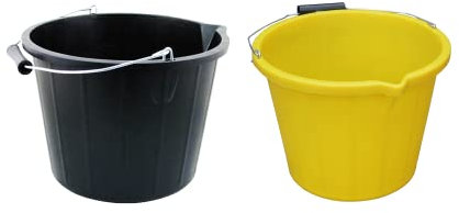 (𝐂𝐨𝐦𝐛𝐨 𝐨𝐟 𝟐) 14L Litre Plastic Builders Bucket 3 Gallon Storage Bucket Construction Bucket With Metal Handle & Spout For Cleaning Animal Feed Mixing Home & Garden (Made in UK) (Black, Yellow)
