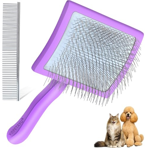YOPETAYU Slicker Bürste für Hunde & Katzen mit Holzgriff – extra lange Borsten für langes Fell – entfernt Unterwolle & Knoten – mit Fellkamm – für Golden Retriever & Australian Shepherd – Lila
