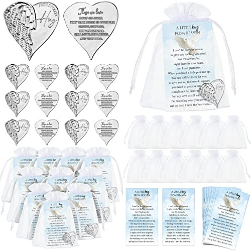 Fumete 60 Sets Funeral Favors for Guests Memorial Service Celebration of Life Decorations Heart Pocket Hug Token Coins and Angel Poem Pray Cards Memorial Gifts for Church Funeral Sympathy (English)