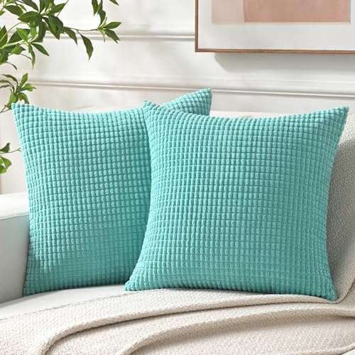 NAVIBULE Cord-Kissenbezüge, weich, dekorativ, einfarbig, quadratisch, für Couch, Bett, Sofa, 45,7 x 45,7 cm, Türkis, 2 Stück