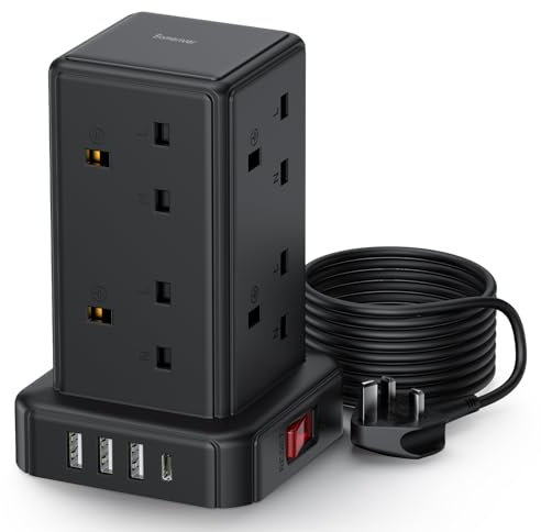 Tower Extension lead Surge Protection Extension Lead with Switch (13A 3250W) 8 AC Outlets & 4 USB Ports Plug Extension Socket Extension Cable 2M Mini Power Strip for Home, Office