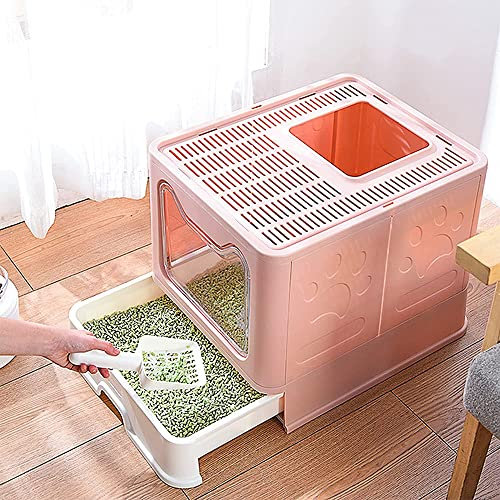 Bandeja de arena para gatos grande con tapa, gran bandeja de arena plegable con cajón y pala, gran capacidad (B,51 x 41 x 38 cm, rosa)
