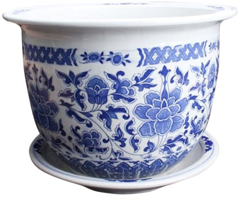 BESTonZON Blau-weiße Keramische Pflanzgefäße Mit Untersetzer Große Blumentöpfe Für Zimmerpflanzen Orientalisches Design Atmungsaktiv Und Praktisch Für Innenräume Und Bonsai Pflanzen
