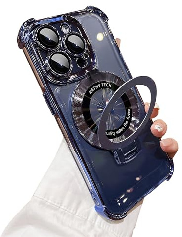 Emlivi Coque transparente pour iPhone 15 Pro compatible avec Mag-Safe, coque magnétique galvanisée avec anneau de support, protection transparente pour appareil photo, coque en TPU, quatre coins anti-