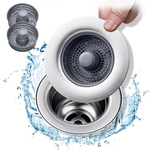 Colador de Fregadero de Cocina, 3 en 1 Acero Inoxidable Tapón de Desagüe , Universal Pop-Up Fregadero de Cocina, Inoxidable Tapón Fregadero Cocina, Con 2 Cestas, Para fregadero de cocina (76 - 81mm).