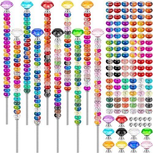 230PCS Beaded Garden Stakes DIY Fairy Land Garden Stake Beads Kits with 200 Colorful Assortment Round Large Hole Beads with 10 Crystal Stopper Top, Threaded Rod and Nuts for Outdoor Decoration