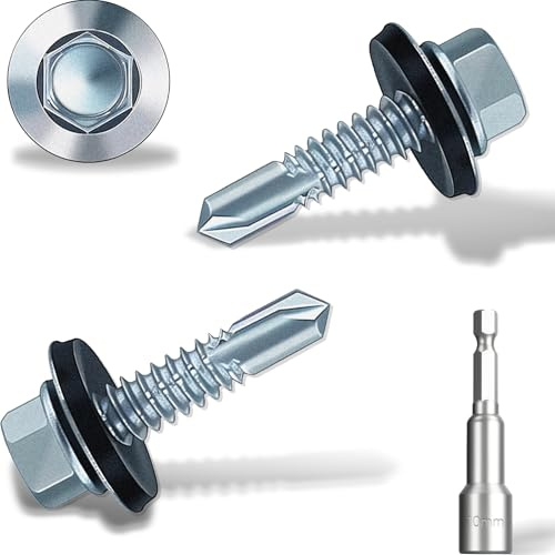6.3x25 mm Self-Drilling Roofing Screws, 60 pcs Hex Head Self Tapping Screws, Hex Head Self-Drilling Roof Screws with Rubber Sealing Washer. with Hex Socket, Zinc Plat.